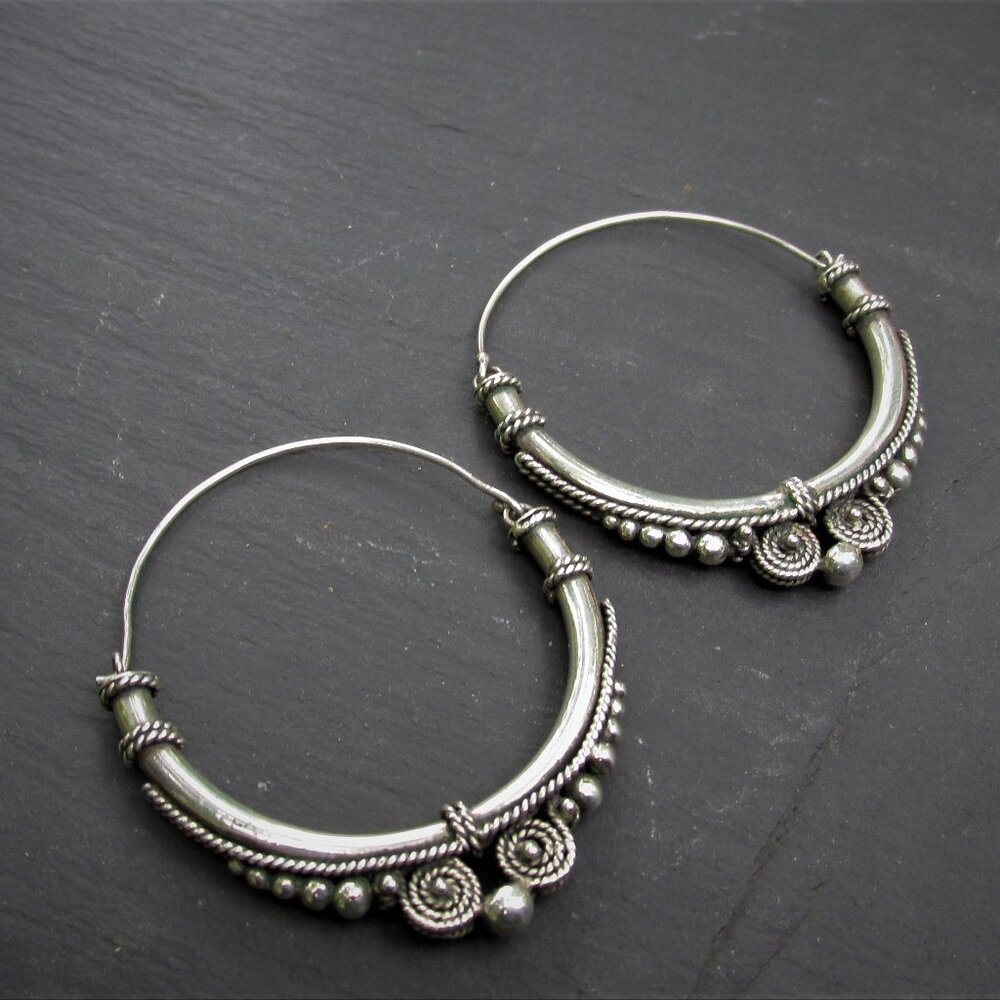 Vintage Rare Silver Tribal Ornate Hoops Handmade in Bali